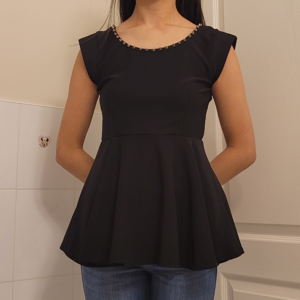 Black Peplum Top with Gold Accent Studs
